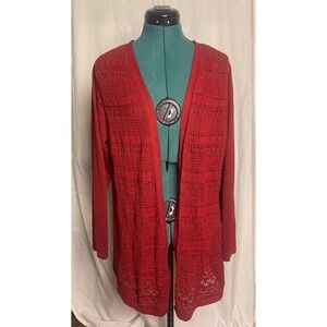 Catherines Womans Red Sparkly Knit Long Sleeve Casual Cardigan Duster Minor Flaw
